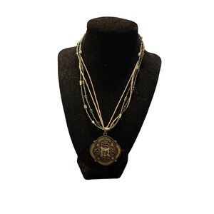 Boho Layered Pendant Necklace Green Beads Gold Tone Statement Jewelry